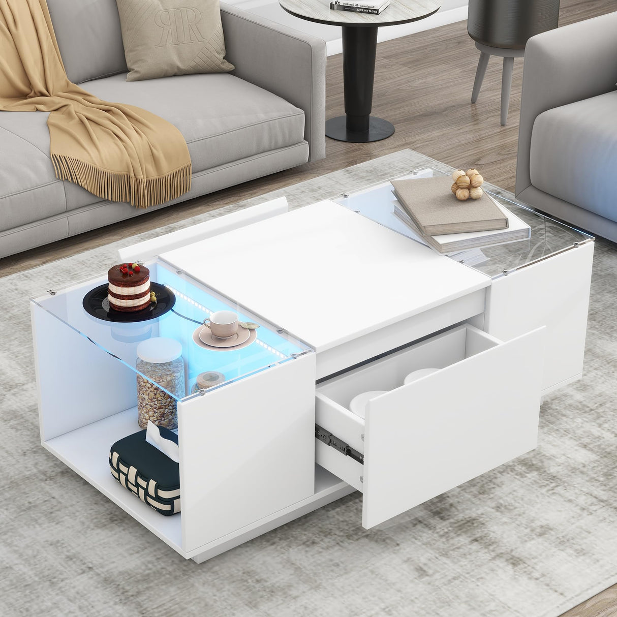 Merax Led Coffee Table with Open Storage Compartment and 2 Hidden Drawers, Modern Center Table with High-Gloss Finish and Glass Tabletop for Living Room, White Merax