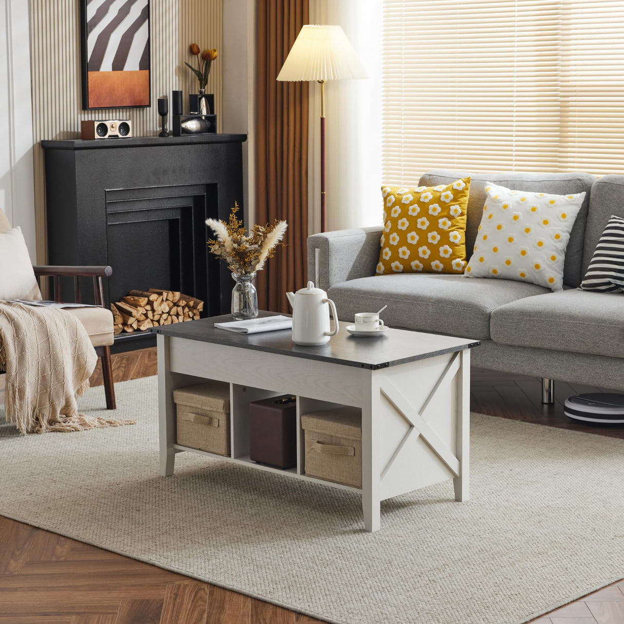 VINGLI Lift Top Coffee Table, Charcoal Top with White Frame, Farmhouse Cross-Sided Design, with Storage Shelf/Hidden Compartment, Gas Lift Mesa De Centro para Sala Pop Up Coffee Table VINGLI