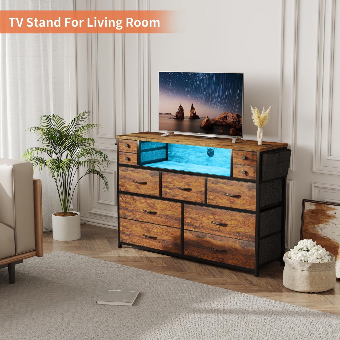 DRAWERHOM Dresser TV Stand with Power Outlets and LED Lights for 55'' TV, 11 Drawers Dresser with Side Pocket, Fabric Chest of Drawers with PU Finish, Sturdy Frame & Wood Top (Rustic Brown)