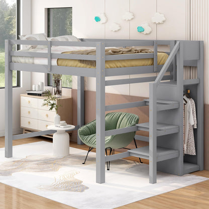 Harper & Bright Designs Grey Full Loft Bed with Storage Staircase and Wardrobe - WoodArtSupply