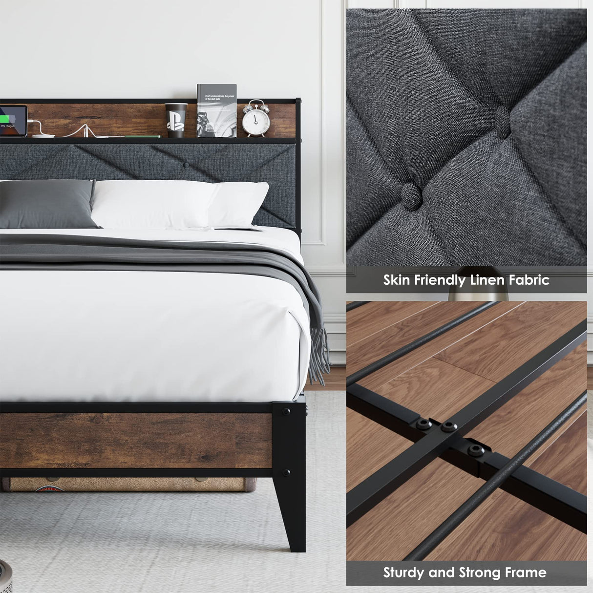 Homhougo Queen Size Bed Frame with Integrated Charging Station and Storage Shelf, Noise-Free Design in Light Gray Homhougo