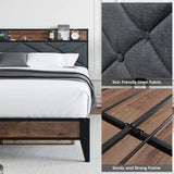 Homhougo Queen Size Bed Frame with Integrated Charging Station and Storage Shelf, Noise-Free Design in Light Gray Homhougo