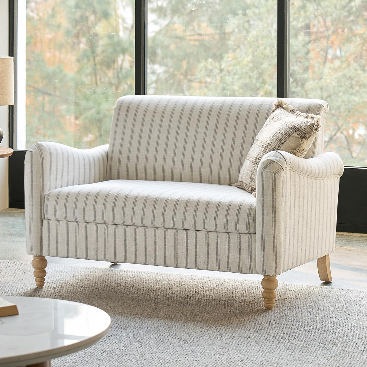 HULALA HOME 50.5" Loveseat Sofa with Stripe Pattern, 2 Seater Farmhouse Sofa with Rolled Wide Armrests and Rubber Wood Legs, Comfy Upholstered Small Couch for Living Room Bedroom, Stripe HULALA HOME
