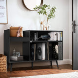 Record Player Stand with Charging Station & USB Ports, Mid-Century Turntable Stand Table Holds Up to 300 Albums, Vinyl Record Storage Cabinet with Wood Legs for Living Room Office (Black) Oubayajia