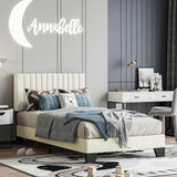 AILUNWALL Twin Size Bed Frame, Velvet Upholstered Platform Bed with Adjustable Tufted Headboard, Sturdy Frame and Slats, No Noiseless, No Box Spring Required, Easy Assembly, Beige AILUNWALL