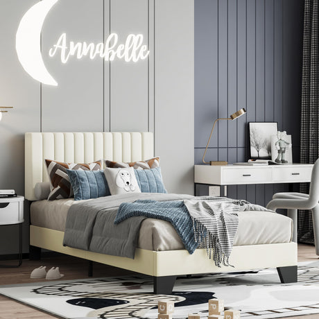 AILUNWALL Twin Size Bed Frame, Velvet Upholstered Platform Bed with Adjustable Tufted Headboard, Sturdy Frame and Slats, No Noiseless, No Box Spring Required, Easy Assembly, Beige AILUNWALL