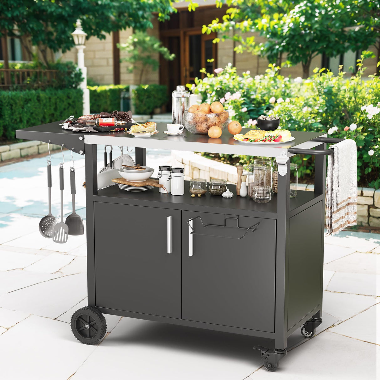 JY QAQA Outdoor Grill Cart with Storage,Patio Kitchen Island Outdoor Grill Table with Wheels,BBQ Cart Movable Pizza Oven Table Stand, Storage Cabinet, Foldable Tabletop, Black JY QAQA PET