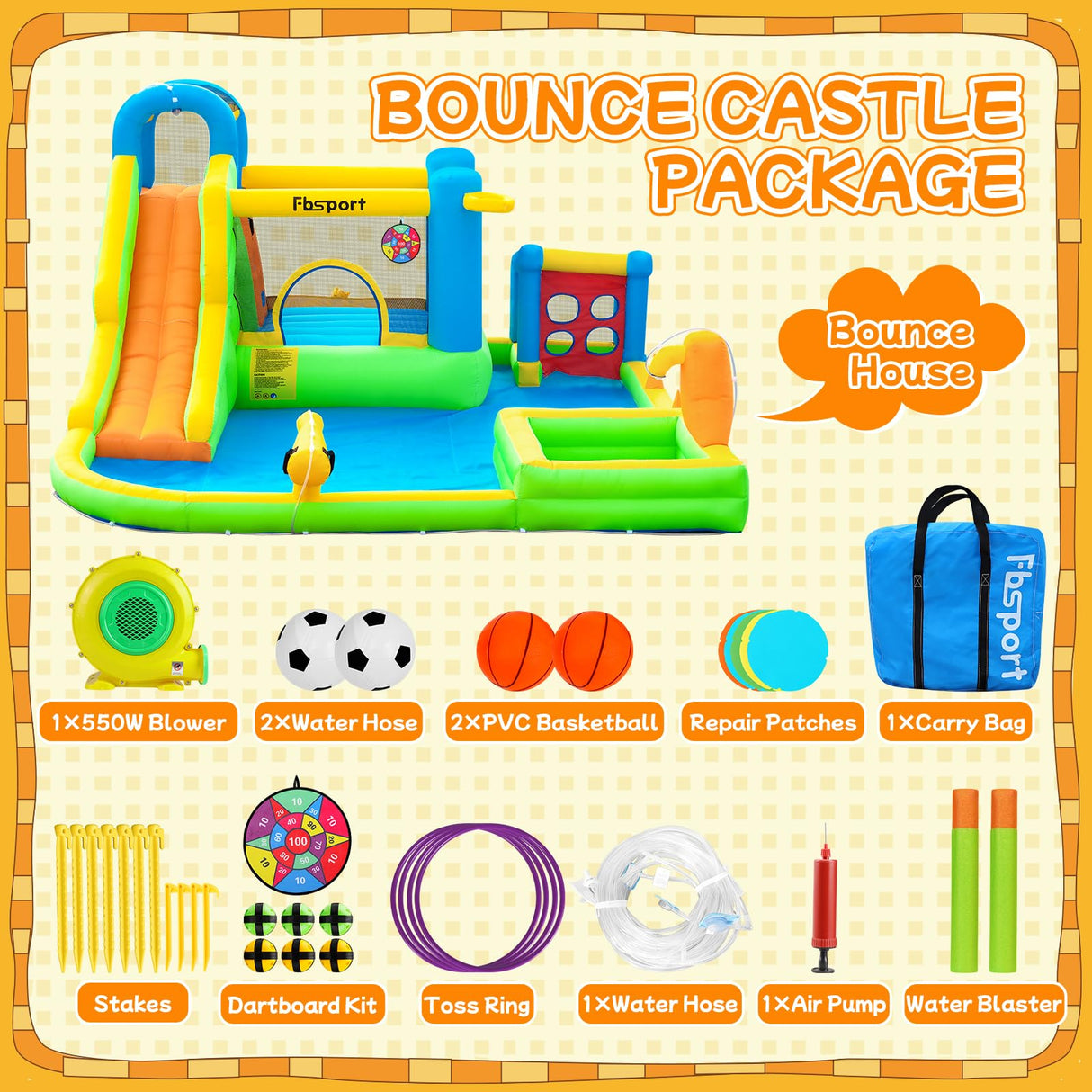 FBSPORT Inflatable Bounce House, 9 in 1 Water Slide with Blower, Bouncy House for Kids Indoor Outdoor Wet Dry Combo Water Bounce House with Football Shooting, Water Gun, Splash Pool, Bounce Area, Hose FBSPORT