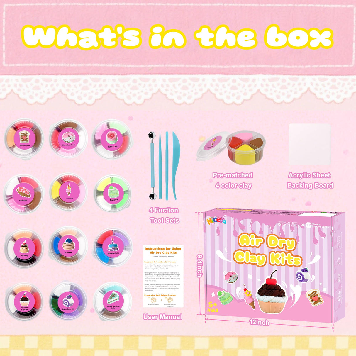 Nicella Air Dry Clay Kit, 12 Cakes Modeling Clay for Kids, Model Magic with Sculpting Tools and Tutorials, Safe & Non-Toxic, DIY Arts & Crafts School Projects, Home Party Favors for Boys & Girls Nicella