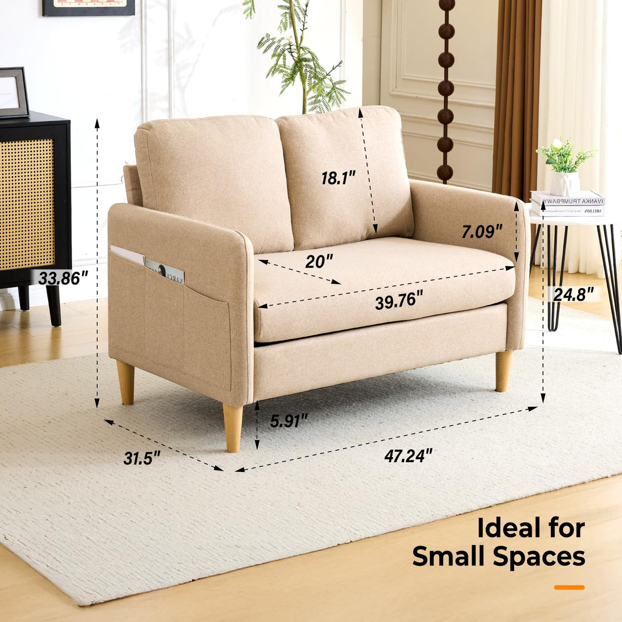 VINGLI 47" Small Couch, Linen Loveseat Sofa Light Brown Mini Couch Mid Century Modern Decor Love Seat for Small Spaces Living Room, Bedroom, Play Room VINGLI