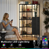 AFLUI Corner Bookshelf with LED Light Strips & 4 Fabric Drawers, 5-Tier Convertible Corner Shelf with Display Shelf, Large Wood Industrial Bookcase for Living Room, Bedroom, Home Office, Black AFLUI