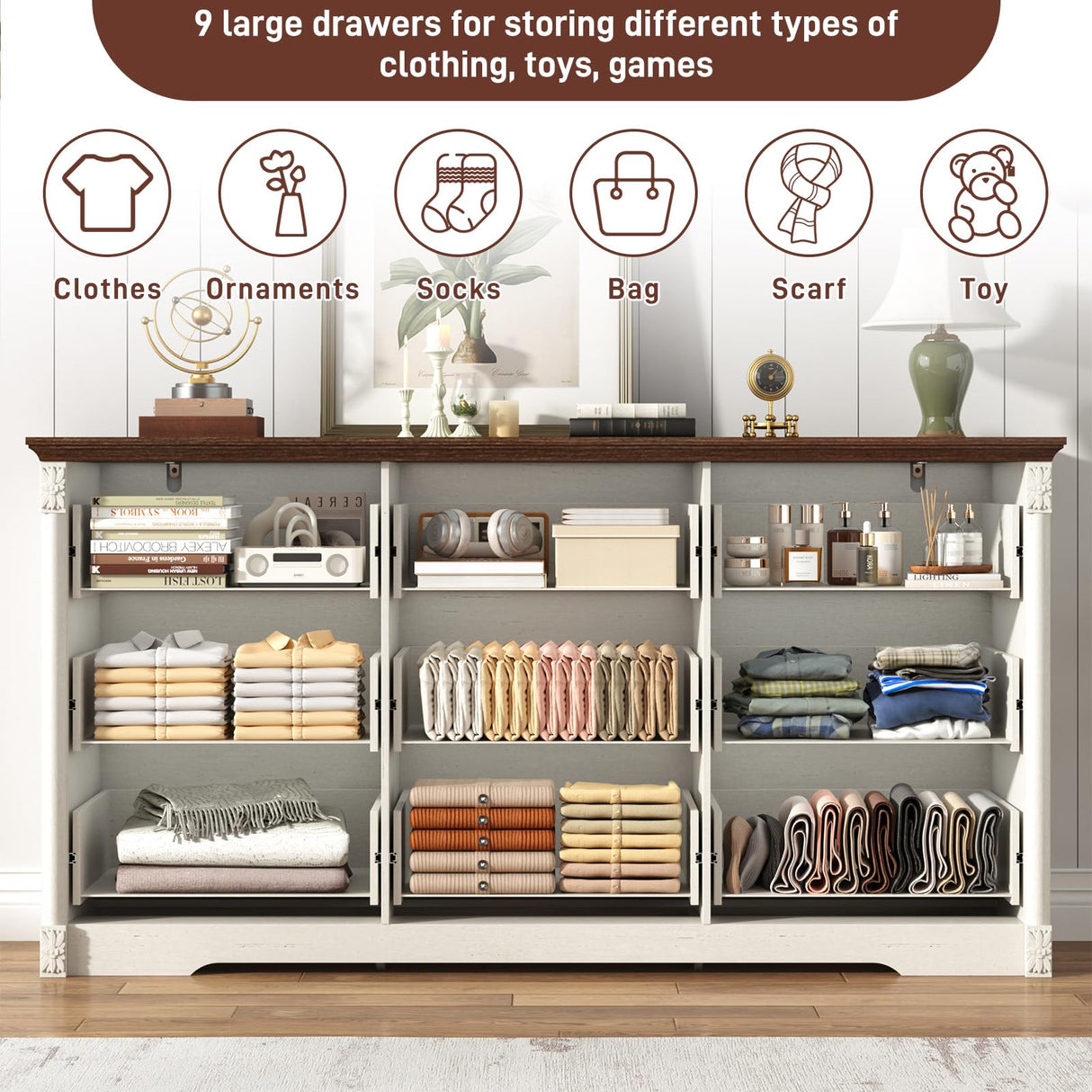 Farmhouse Wood 9 Drawer Dresser for Bedroom,Embossed Roman Column Wood Rustic 63 Inch Wide Dresser & Chest of Drawers with Rustic Handles,Tall Storage Organizer for Bedroom(Antique White) chartustriable