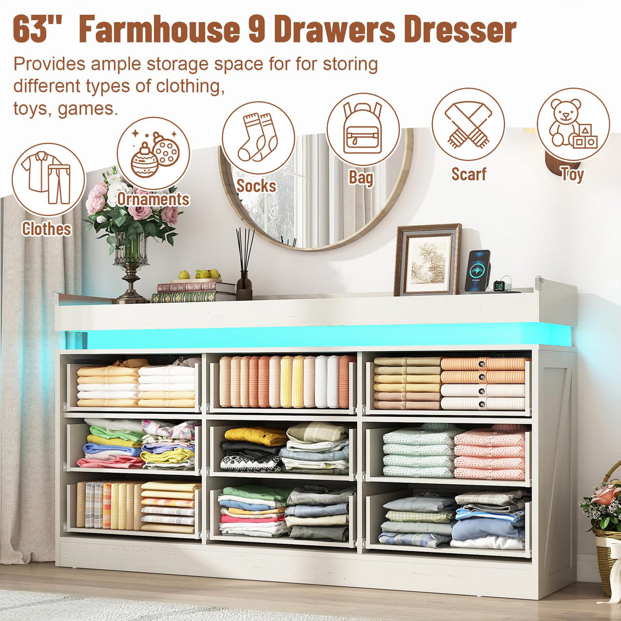 Hlivelood Large Farmhouse 9 Drawers Dresser for Bedroom with LED Light and Power Outlets,63" Wide Wood Rustic 9 Chests of Drawers for Closet,Tall Storage Dresser Organizer for Bedroom(Antique White) Hlivelood