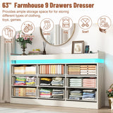 Hlivelood Large Farmhouse 9 Drawers Dresser for Bedroom with LED Light and Power Outlets,63" Wide Wood Rustic 9 Chests of Drawers for Closet,Tall Storage Dresser Organizer for Bedroom(Antique White) Hlivelood