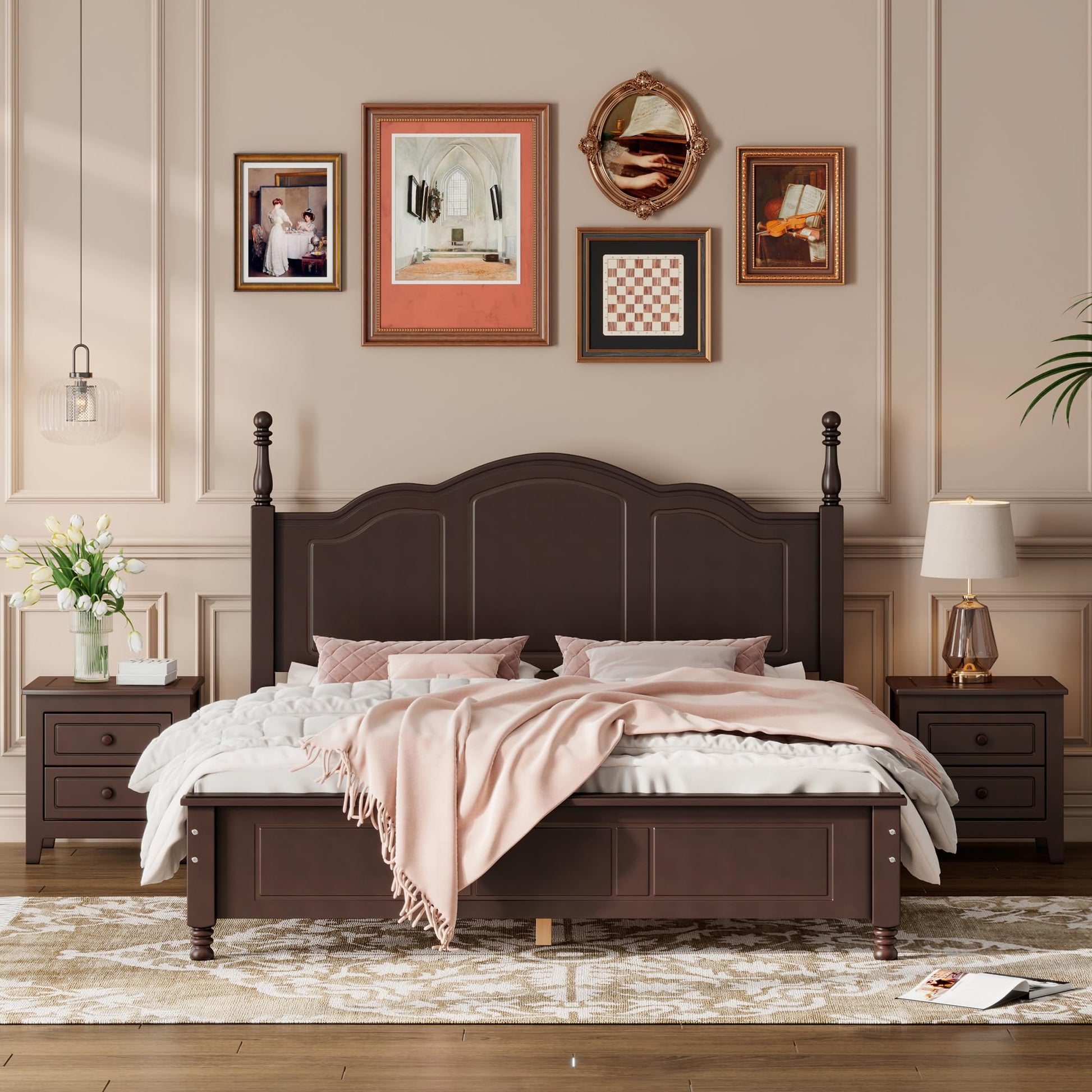 Harper & Bright Designs 3-Piece Queen Size Wood Platform Bed Set with Nightstands in Dark Walnut - WoodArtSupply