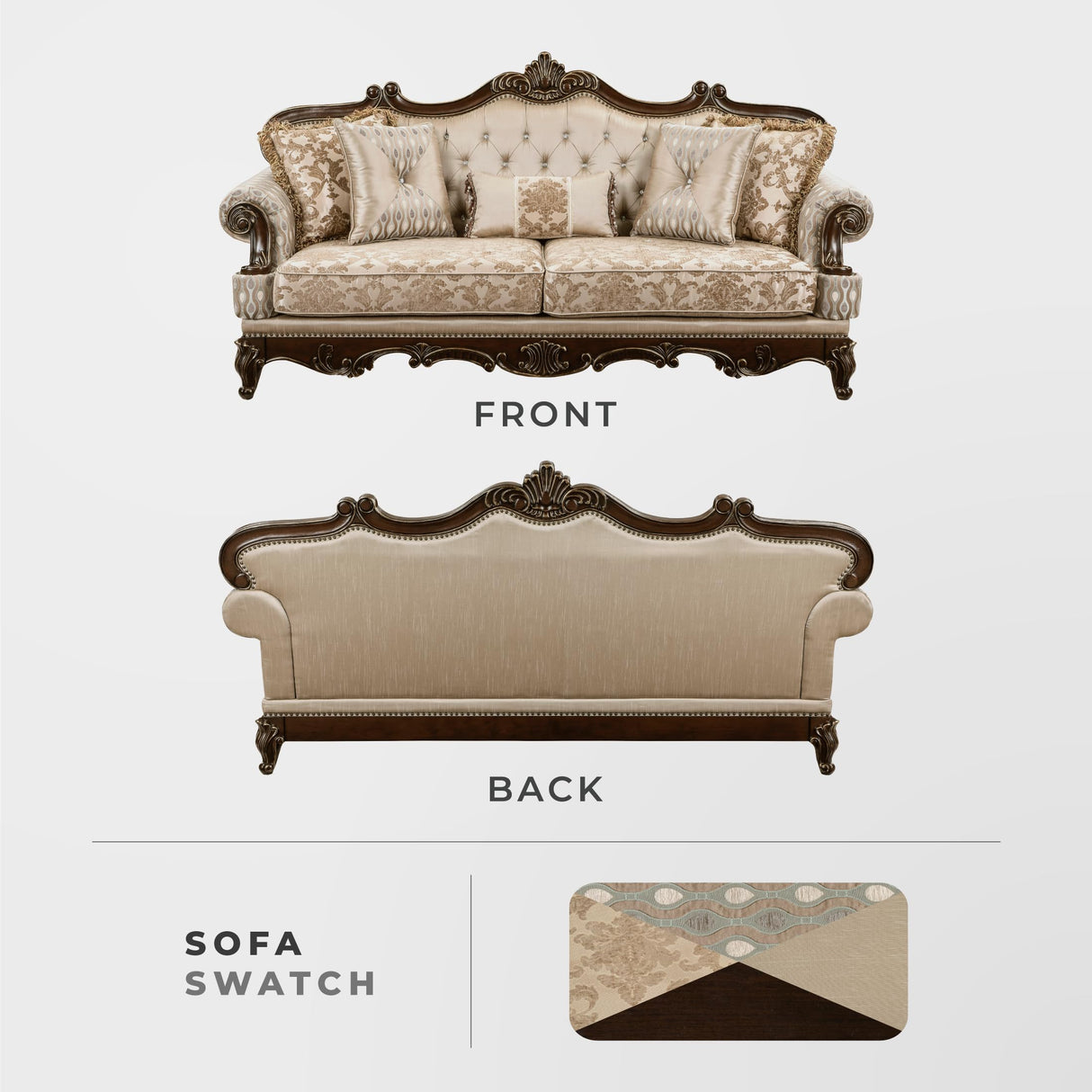 Lexicon Traditional Sofa Couch for Living Room, Rolled Arm Sofa with 5 Accent Pillows, Tufting, Queen Legs in Cherry Finish with Gold Tipping, Upholstered Living Room Furniture, 3 Seater Couch, Brown Lexicon