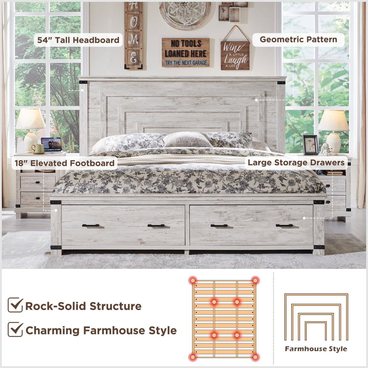 RedLemon Farmhouse King Size Bed Frame w/ 54" Tall Geometric Headboard, Rustic Wood Platform Bed w/ 2 Large Storage Drawers, Wood Slats Support, Noise Free, No Box Spring Needed, Antique Brush White RedLemon