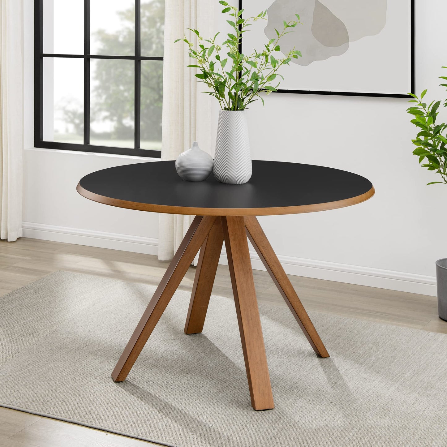 Walker Edison Cohen Minimalist Round 4-Person Dining Table, 48 Inch, Black/English Oak - WoodArtSupply