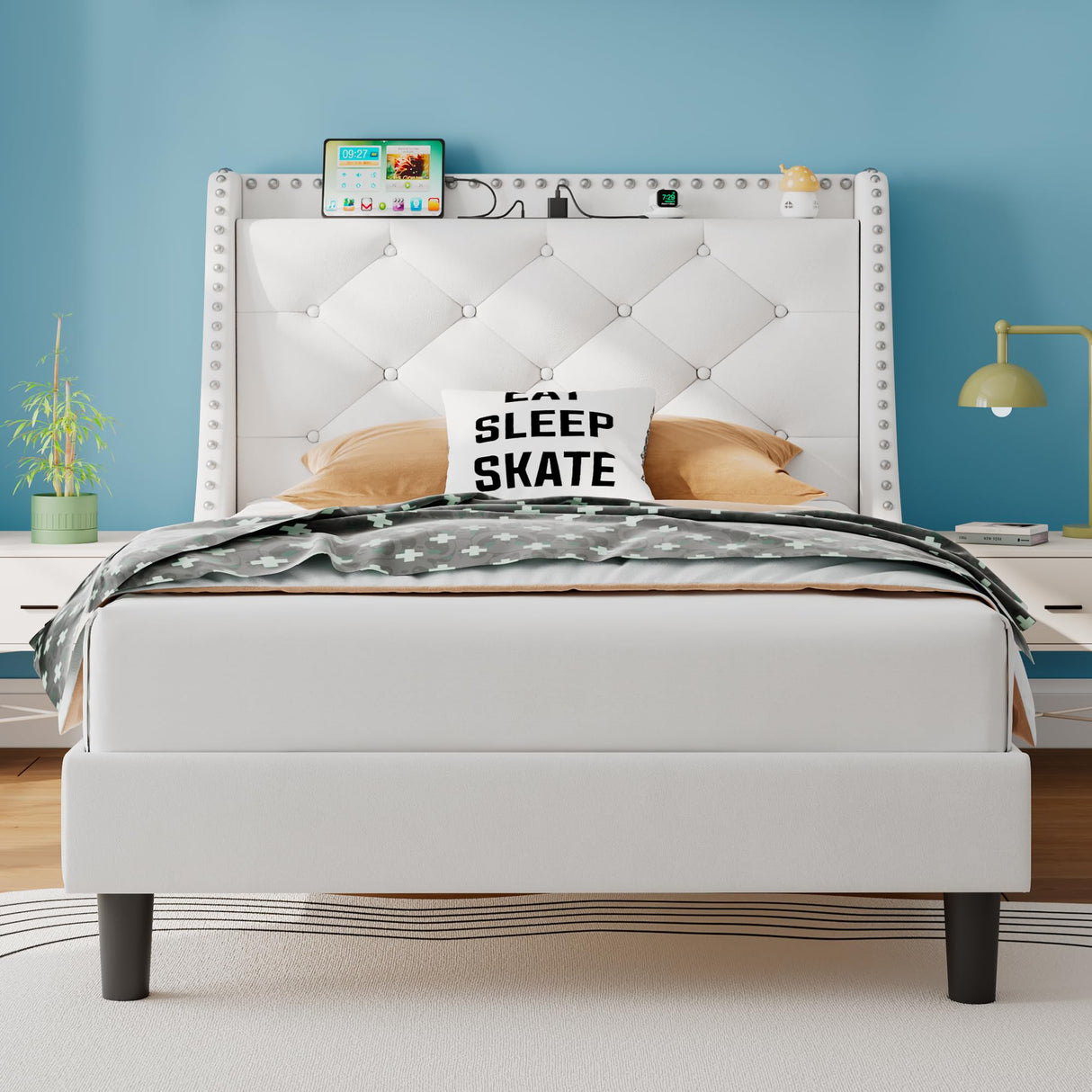 iPormis Velvet Twin Bed Frame with 16" Comfort Wingback & Charging Station, Upholstered Platform Bed with Button Tufted Storage Headboard, Solid Wood Slats Support, No Box Spring Needed, White iPormis