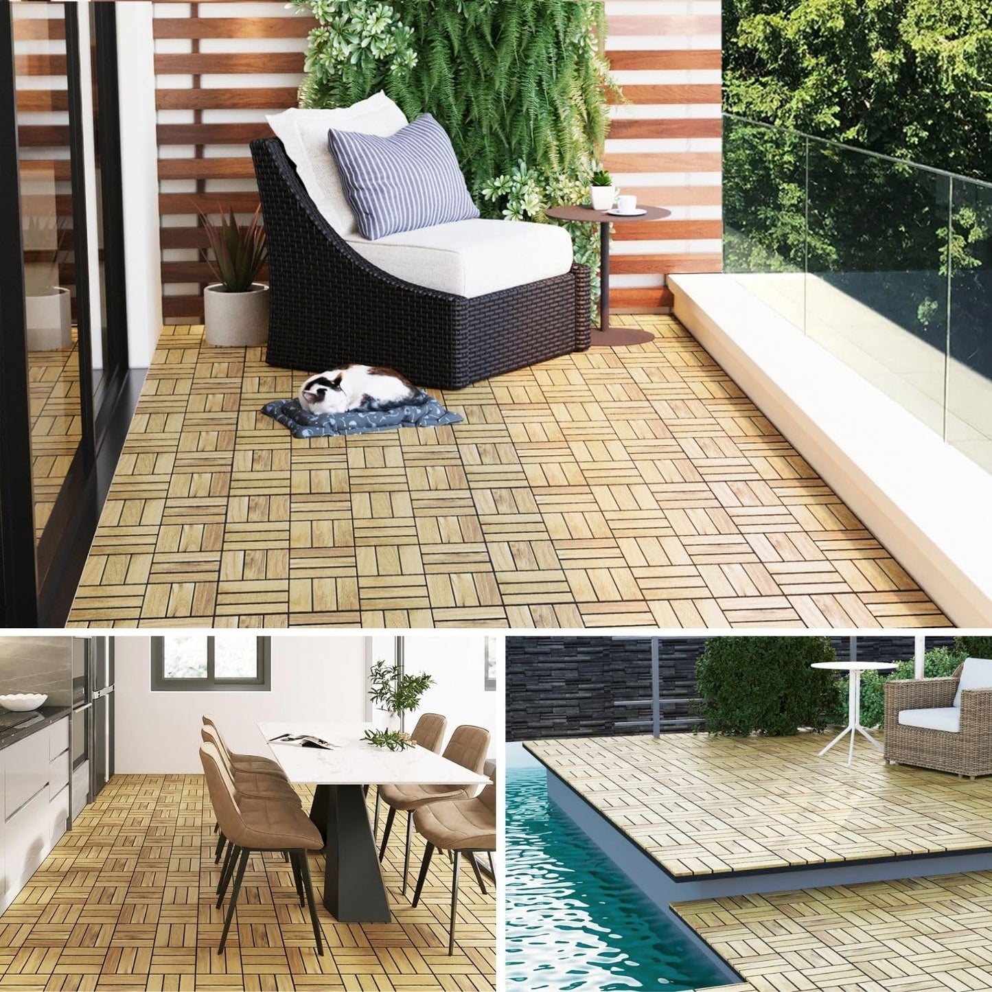 BEEFURNI Acacia Interlocking Deck Tiles (12"x 12" 10 PCS), Wood Deck Tiles Interlocking Outdoor All Weather, Patio Flooring for Indoor Outdoor use, 1-Year Manufacturer Warranty (Natural Wood) - WoodArtSupply