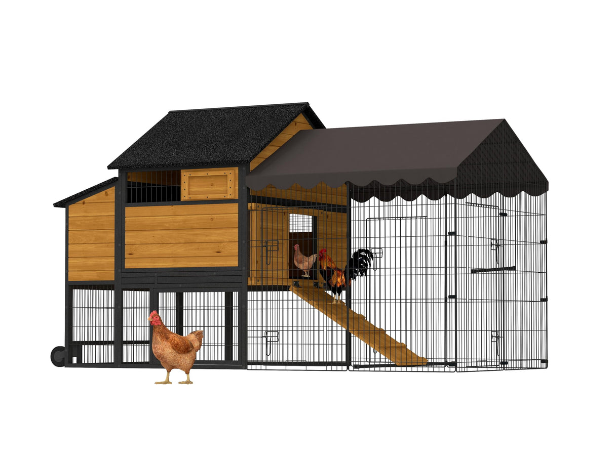 Large Chicken Coop for 4-6 Chickens,Mobile Combination of Metal and Wood Hen House Poultry Cage with Metal Run, Nesting Box,Waterproof Rain Cover Duck Coop Suumerpety