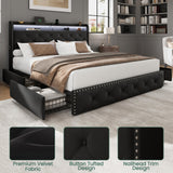 LARMACE Queen Size Bed Frame with Storage & LED Lights & USB Charging Station, Velvet Upholstered Platform Bed with Headboard and 4 Drawers, No Box Spring Needed, Easy Assembly, Black LARMACE