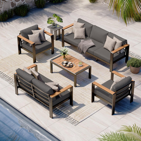 Oasbira Aluminum Outdoor Patio Furniture Set with Coffee Table, 5 Piece Patio Conversation Sets with Washable Thick Cushions, Outdoor Sectional Furniture Set for Porch, Balcony, Deck, Yard, Graphite Oasbira