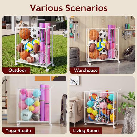 Homsorout Ball Storage Bin Rolling Sports Ball Cart, Metal Garage Organizer Sport Rack, Ball Basket Storage, Ball Cage for Garage or Gym, Indoor & Outdoor Sports Equipment Organizer white Homsorout