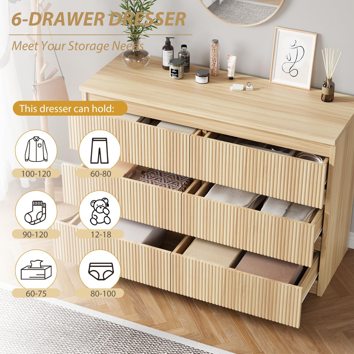 Jocoevol Oak 6 Drawer Dresser for Bedroom, Modern Fluted Dresser, Bedroom Dressers with Drawers, Large Double Wooden Chest of Drawers for Living Room, Hallway Jocoevol