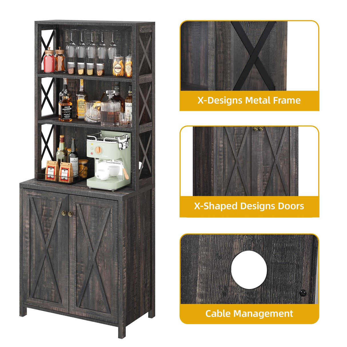 DWVO 67" Tall Wine Bar Cabinet for Liquor and Glasses, Farmhouse Kitchen Cabinet Coffee Bar with Adjustable Shelves, Open Storage Shelves, Buffet Kitchen Cabinet for Dinning Room, Kitchen, Rustic Oak DWVO