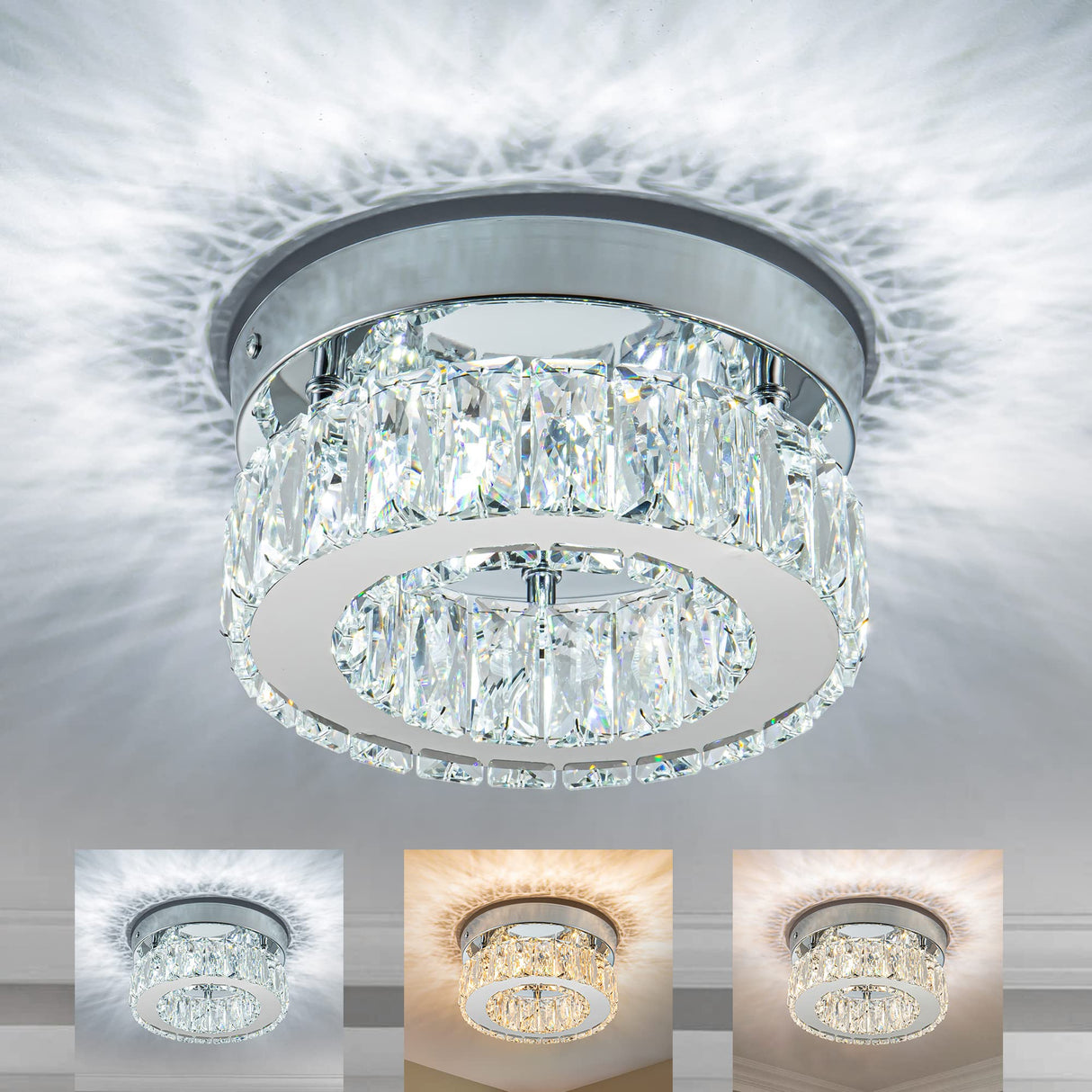 Mini Modern Crystal Chandeliers Flush Mount Ceiling Light Fixture LED Mini Chandeliers with Crystals Hallway Light Bedroom Chandelier for Bathroom Kitchen Office HomLaiting