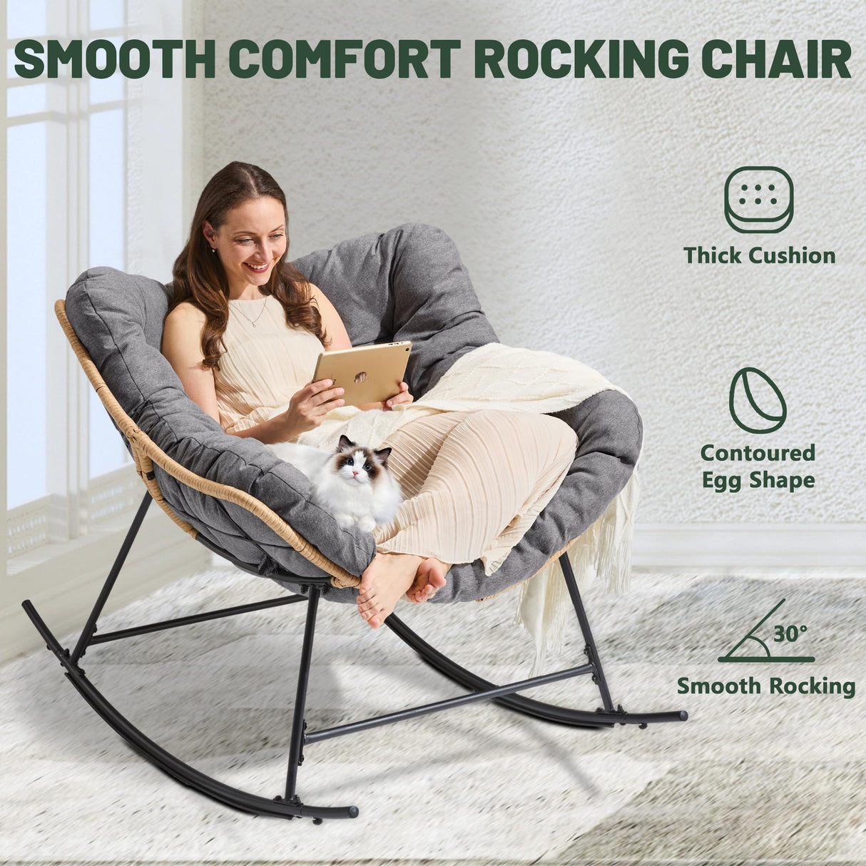 Halituny Outdoor Rocking Chair with Thick Cushion, Comfy Rattan Rocker Egg Chair Indoor with Straps, Patio Rocking Chair 450lbs for Garden, Balcony, Lawn, Backyard, Living Room, Bedroom, Dark Gray Halituny