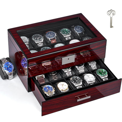 ANWBROAD 20 Slot Watch Box for Men and Women - 2-Tier Display Case With Large Glass Lid, Lockable Wooden Organizer, Luxurious Holder UJWB002Y