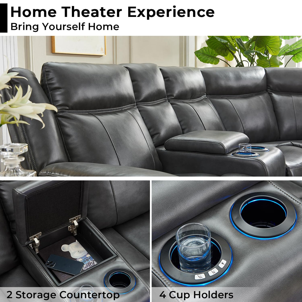 Power Recliner Sectional Sofa Couches with LED Lights for Living Room, Faux Leather Wall Hugger Reclining Corner Couch Sets with 2 Home Theater Seat, USB Charger, Cup Holder, Storage Console, Grey Comfort Stretch