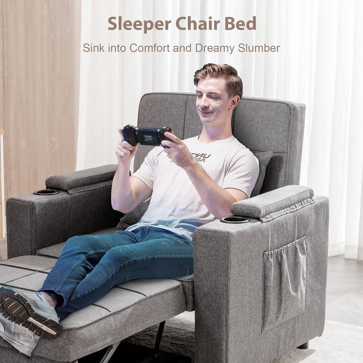 COMHOMA Sleeper Chair Bed,Convertible Sofa Bed Armchair with Cup Holders,3-in-1 Futon Bed Chair with Side Pocket Pull Out Sofa Bed Couch for Living Room,Bedroom (Grey) COMHOMA