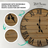 Wallcharmers Large Oversized Rustic Wall Clock, 24” | Handmade with Real Wood and Roman Numerals Wallcharmers