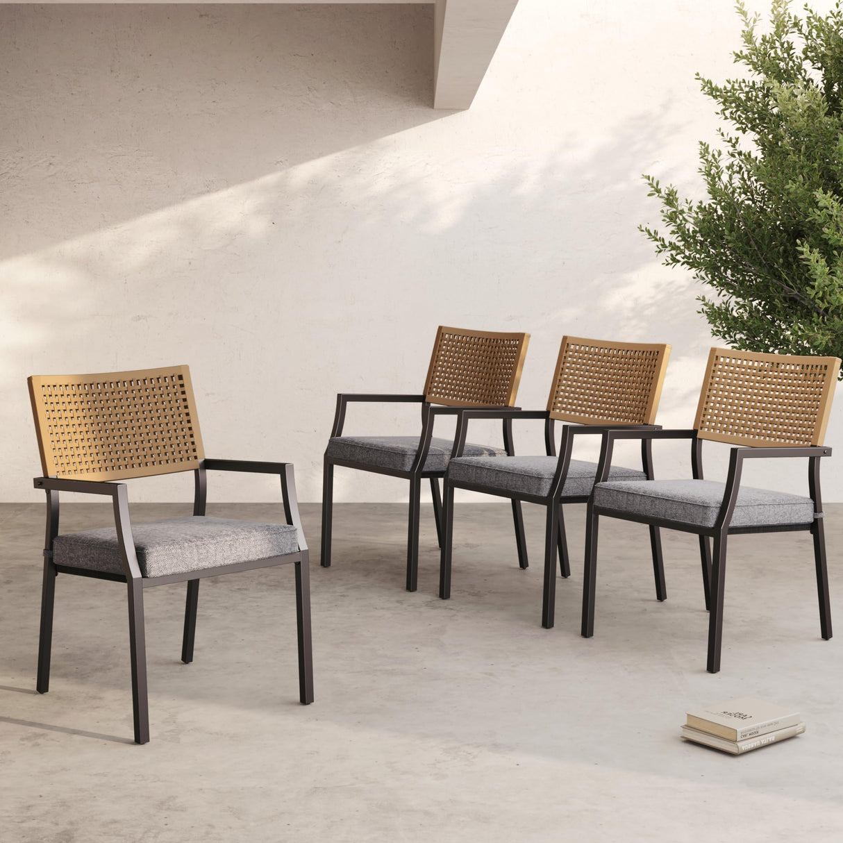 Grand patio Dining Set 5-Piece, Outside Dining Set for 4, 5 Pieces Patio Furniture Sets, Outdoor Furniture with 4 Open Weave Chairs and Square Wood Grain Table Top with Umbrella Hole for Yard Grand patio