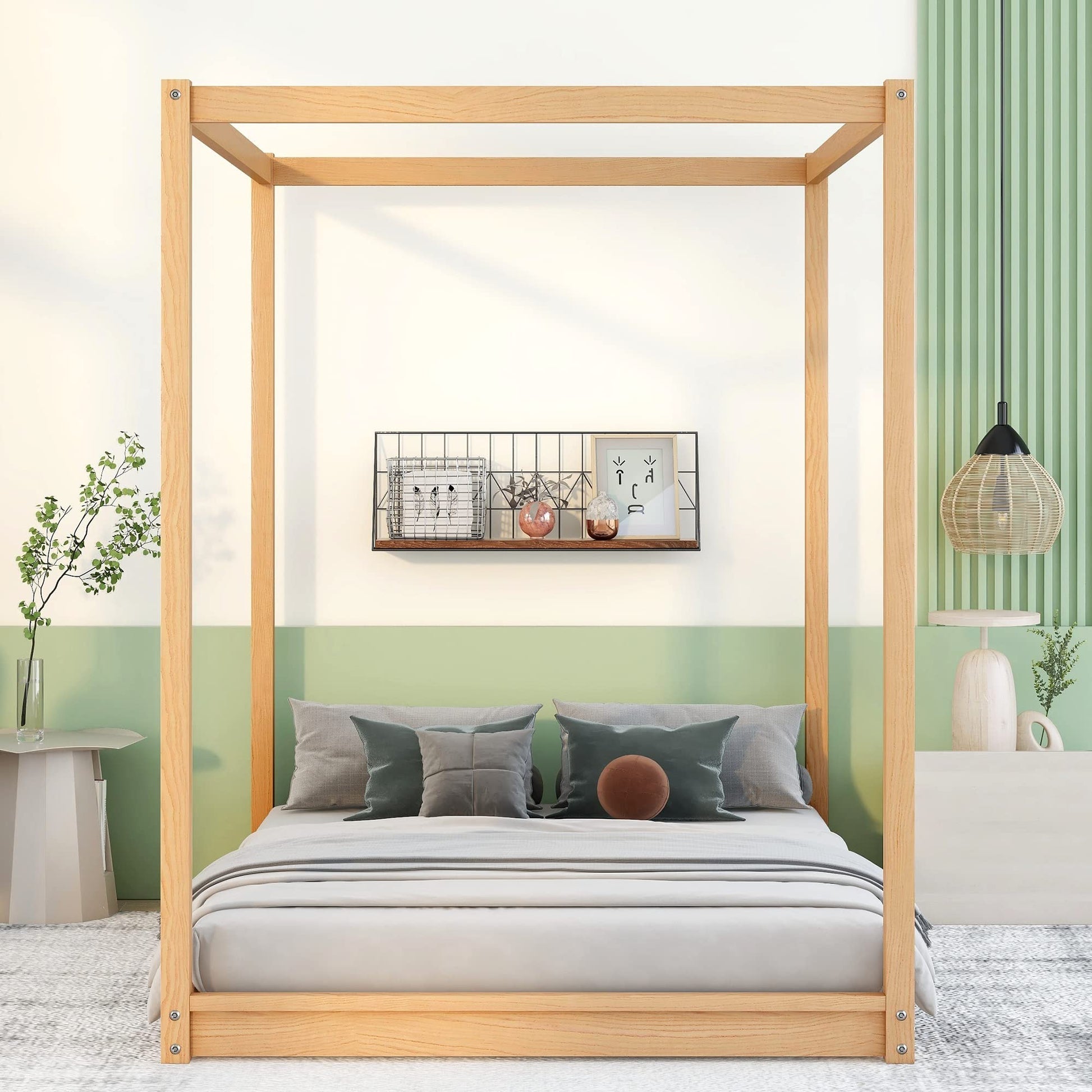 Modern Queen Size 4-Poster Canopy Bed Frame in Natural Wood Finish - WoodArtSupply