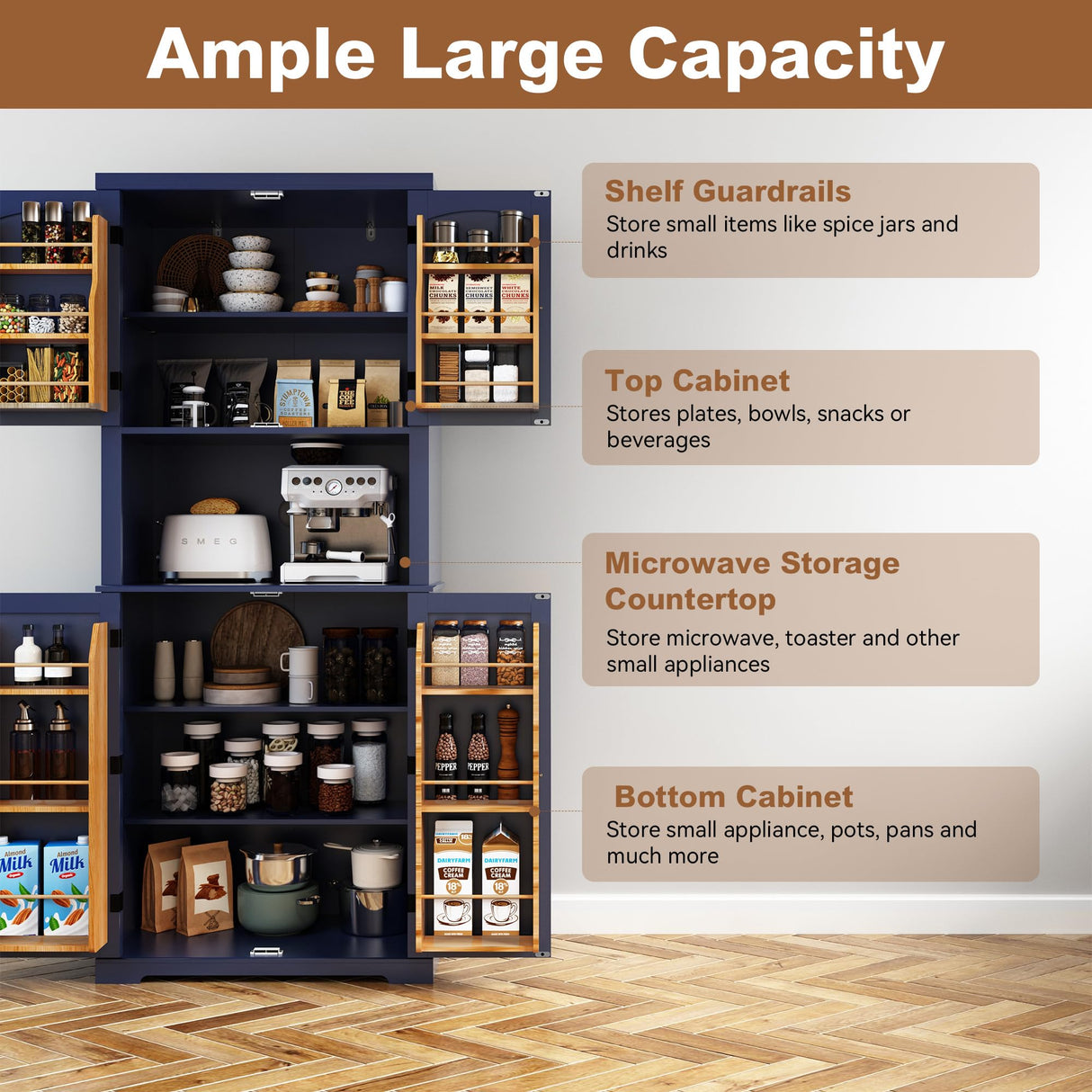 HLR 72" Kitchen Pantry Storage Cabinet, Freestanding Larder Cupboard, Kitchen Hutch Cabinet with Microwave Stand,Utility Pantry with Doors and Shelves for Dining Room, Living Room, Laundry HLR