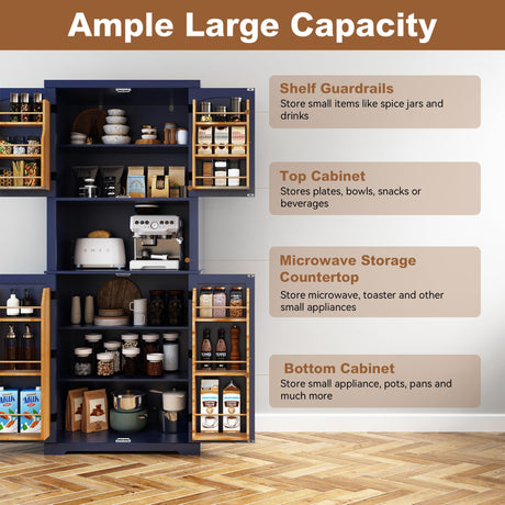 HLR 72" Kitchen Pantry Storage Cabinet, Freestanding Larder Cupboard, Kitchen Hutch Cabinet with Microwave Stand,Utility Pantry with Doors and Shelves for Dining Room, Living Room, Laundry HLR