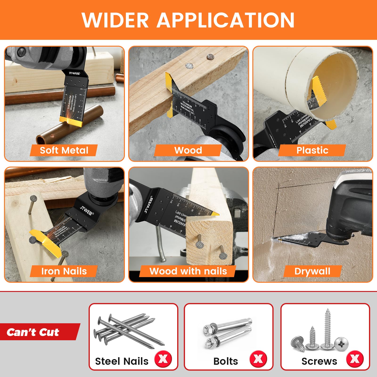 JTWEB Titanium Oscillating Tool Blade, 10PCS Oscillating Saw Blades Metal Cutting Multi Tool Blades Kits Wood and Metal Nails Plastic, Multitool Blades for Dewalt Milwaukee Bosch Dremel Rockw - WoodArtSupply