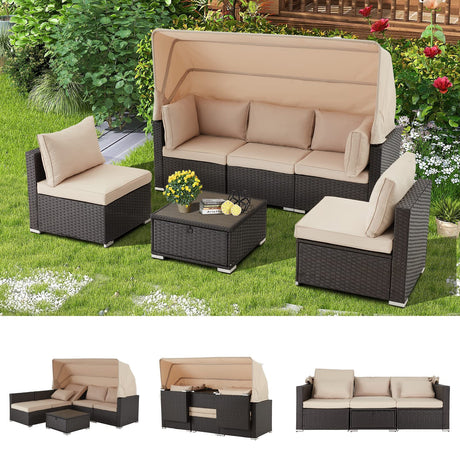 Vicluke 6 Pieces Patio Furniture Sets Outdoor Sectional Sofa Set Rattan Daybed with Retractable Canopy, Adjustable Backrest, Storable Tea Table Rectangle Sunbed for Backyard Garden Poolside(Khaki) Vicluke