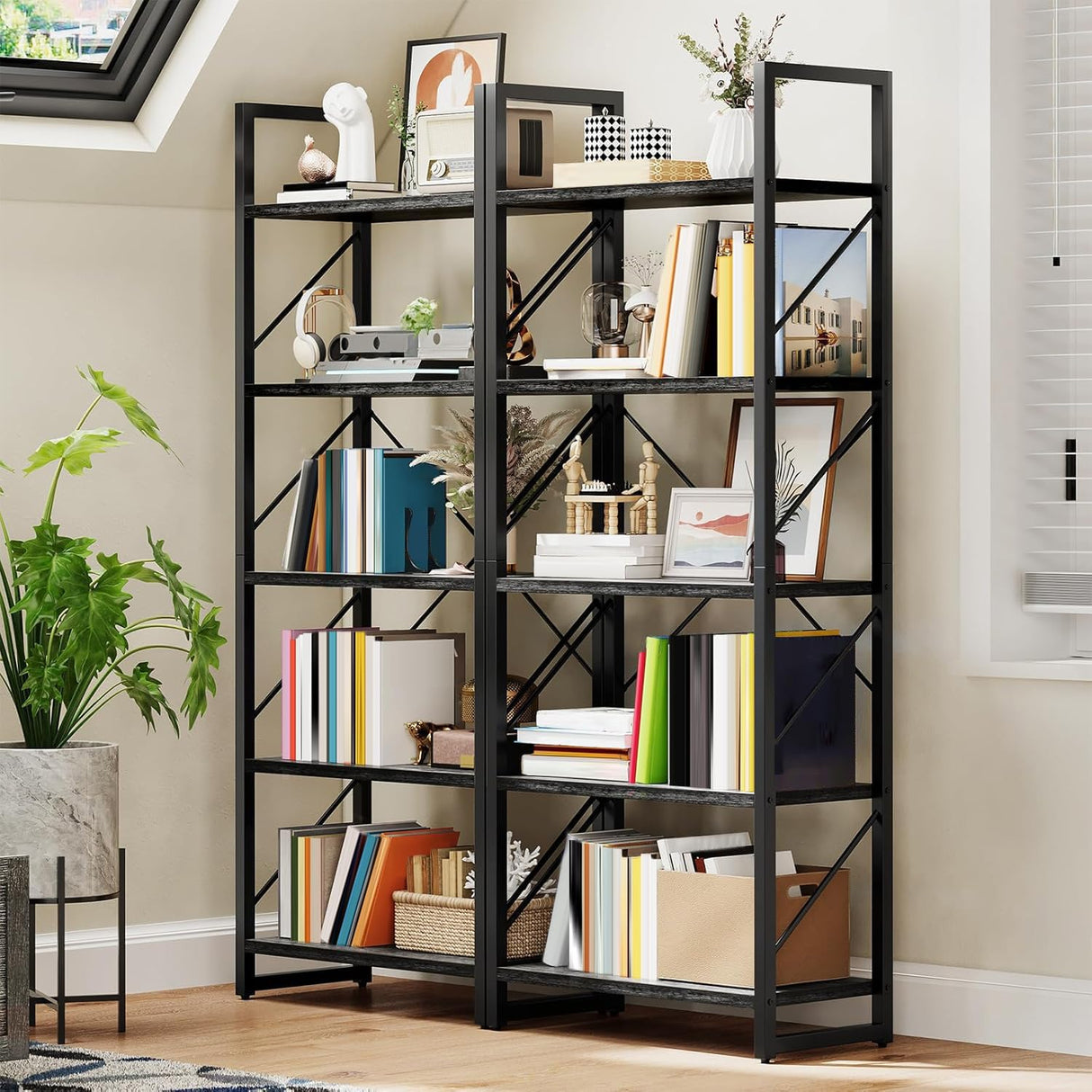DWVO 5 Tier Bookshelf, Industrial Bookshelves Open Shelf Bookcase, Storage Shelves Organizer Display Rack for Bedroom,Living Room,Office,Kitchen, Charcoal Gray DWVO