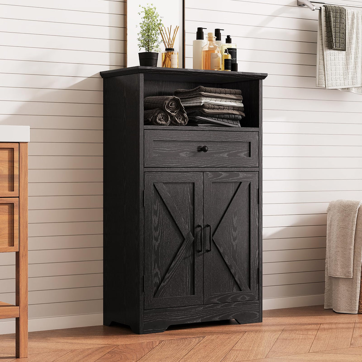 Viroformo Floor Cabinet, Farmhouse Storage Cabinet with Barn Doors and Drawer, 11.81" D x 23.62" W x 39.37" H Black Freestanding Adjustable Shelf Organizer for Bathroom, Kitchen, Living Room Viroformo