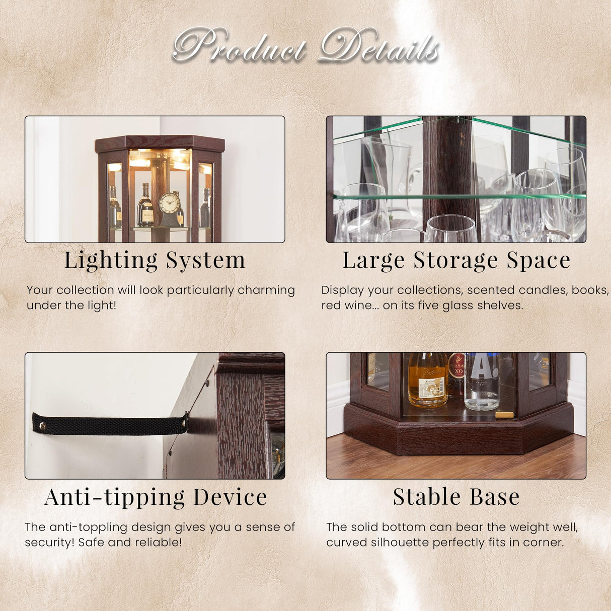 Eyisean 70" Lighted Glass Corner Curio Cabinet, Display Cabinet with Elegant Tempered Glass Door, China Cabinet with Light Bulb, Mirrored Back Panel, Rack for Living Room Storage(Dark Cherry) Eyisean