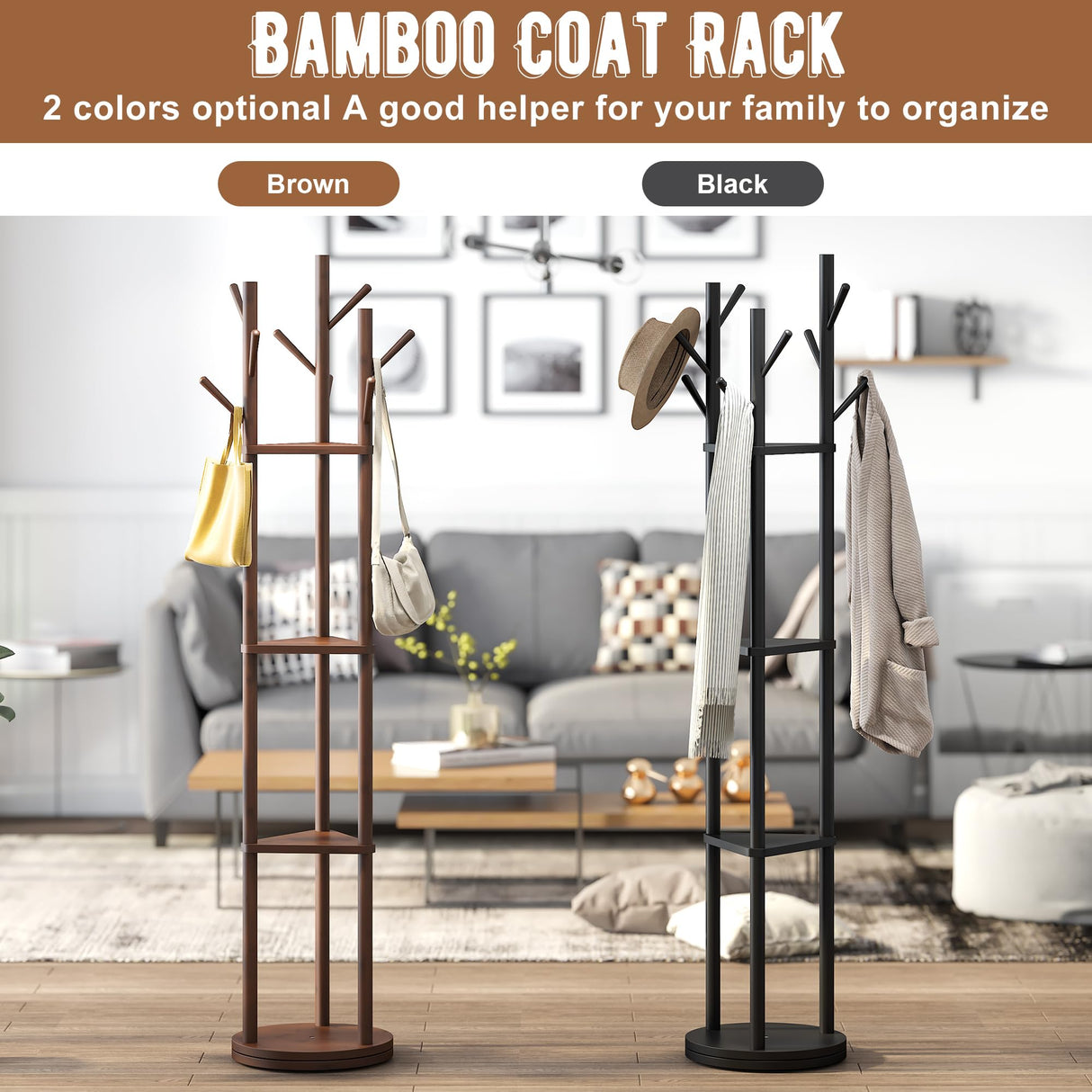 FILWH Bamboo Coat Rack Rotary Freestanding with Shelf Coat Tree Rack Stand for Hallway Entryway Coat Hanger Stand with 9 Hooks 3 Storage Shelves(Brown) FILWH
