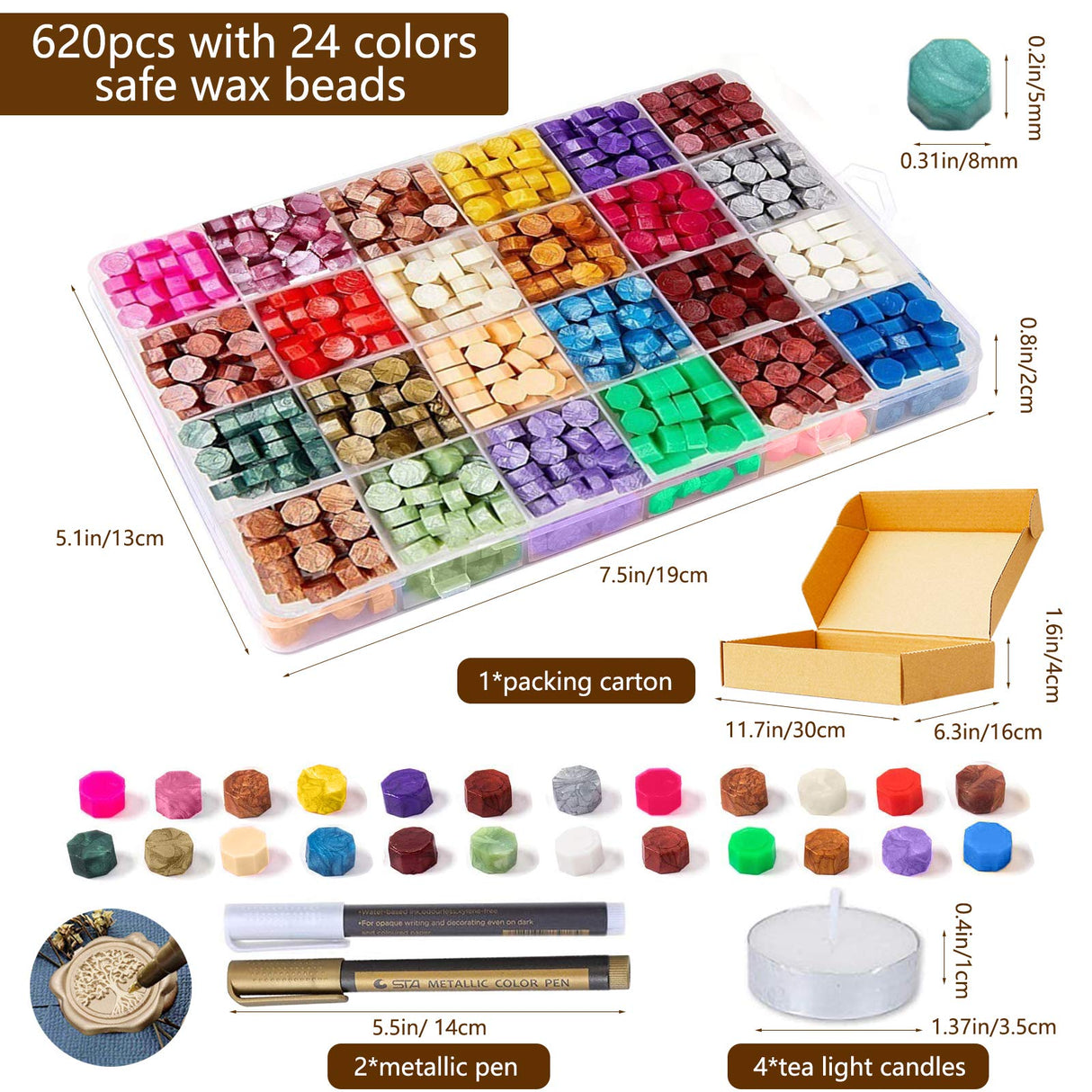 ZYNERY Sealing Wax Kits, 643pcs Wax Seal Beads with Gift Box, Wax Seal Stamp, Melting Furnace, Melting Spoon, Envelopes/Tealight Candles/Wax Stamp/Metallic Pen for Envelope Stam ZYNERY