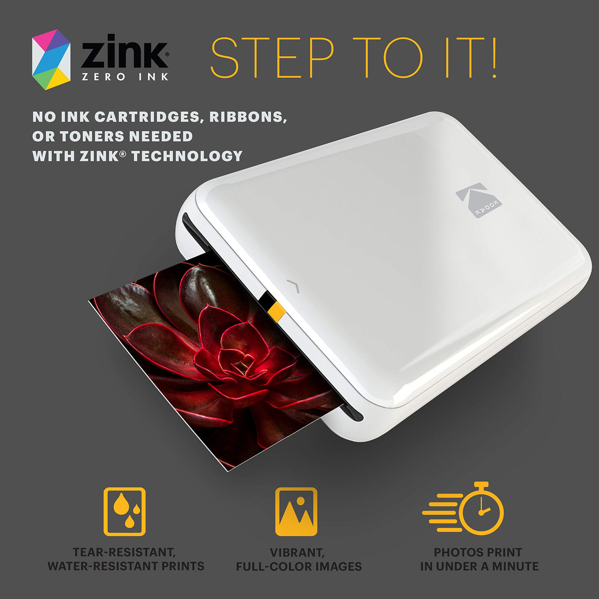 KODAK Step Instant Smartphone Photo Printer - Portable Mini Color Wireless Mobile Printer - Zink 2x3” Sticky-Back Photos - Bluetooth Compatible with iOS & Android Devices - Fun Editing App - White KODAK