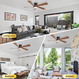 Ohniyou 52” Flush Mount Farmhouse Ceiling Fan with Lights, Remote & APP Control Low Profile Indoor Outdoor Ceiling Fans, Dimmable, Quiet DC Motor, Reversible, Black+Wood Ohniyou