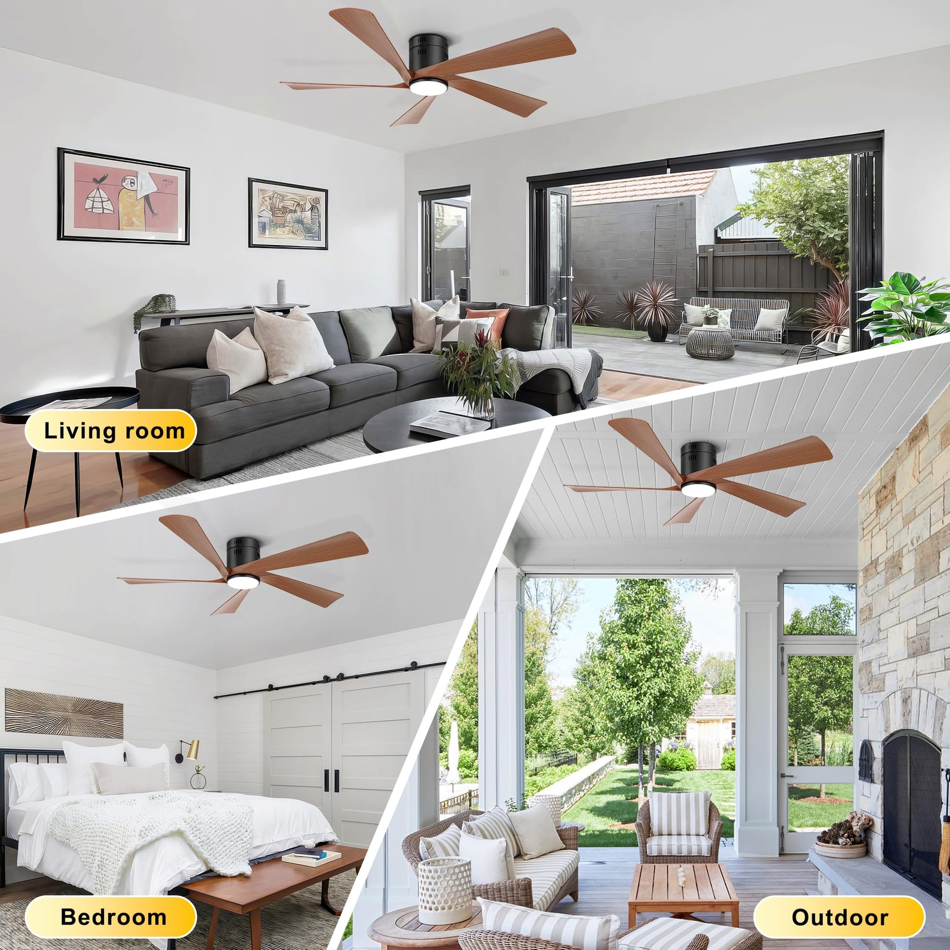 Ohniyou 52” Flush Mount Farmhouse Ceiling Fan with Lights, Remote & APP Control Low Profile Indoor Outdoor Ceiling Fans, Dimmable, Quiet DC Motor, Reversible, Black+Wood - WoodArtSupply